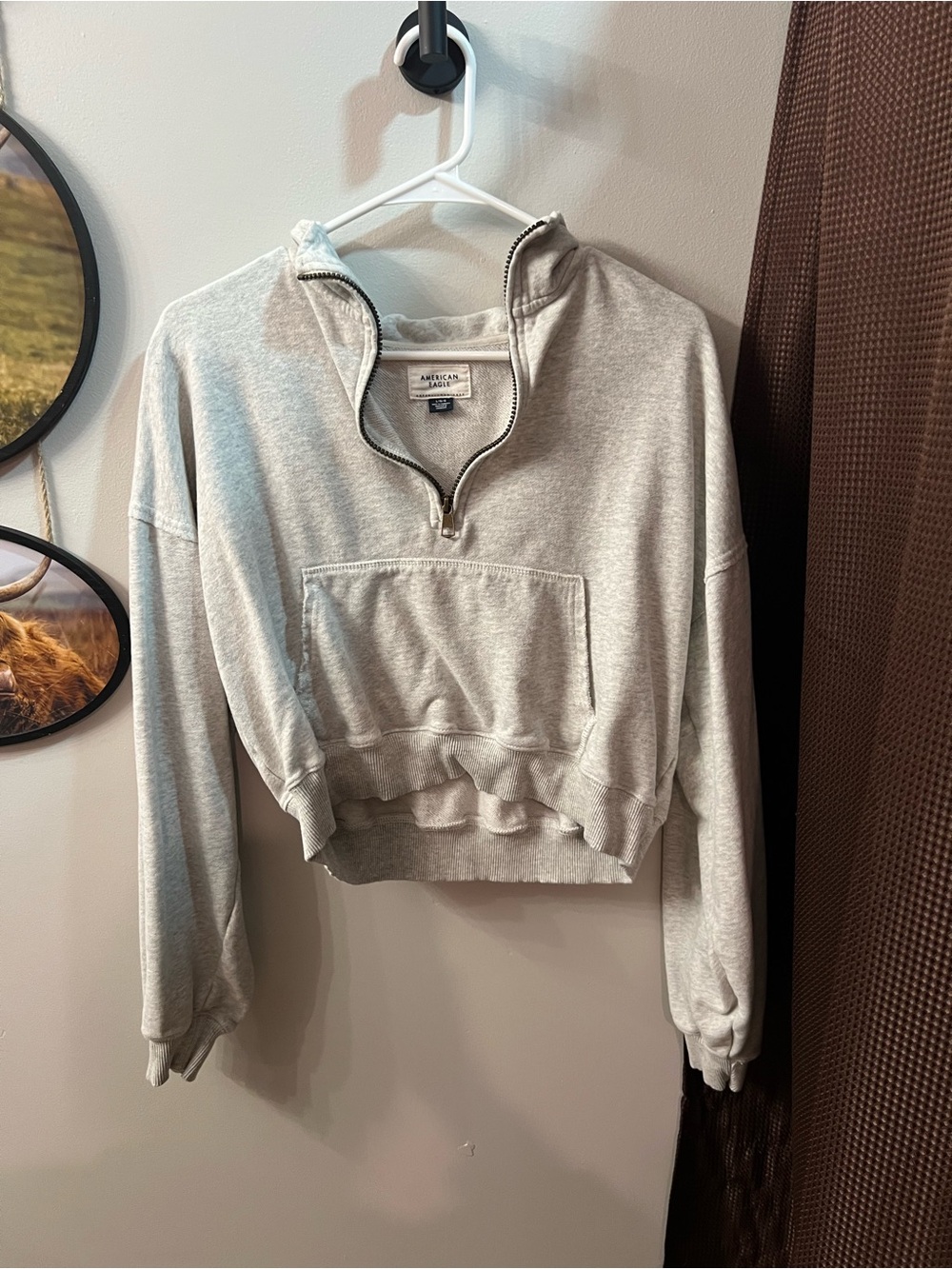 American Eagle Outfitters Light Gray Cropped Quarter-Zip Sweatshirt